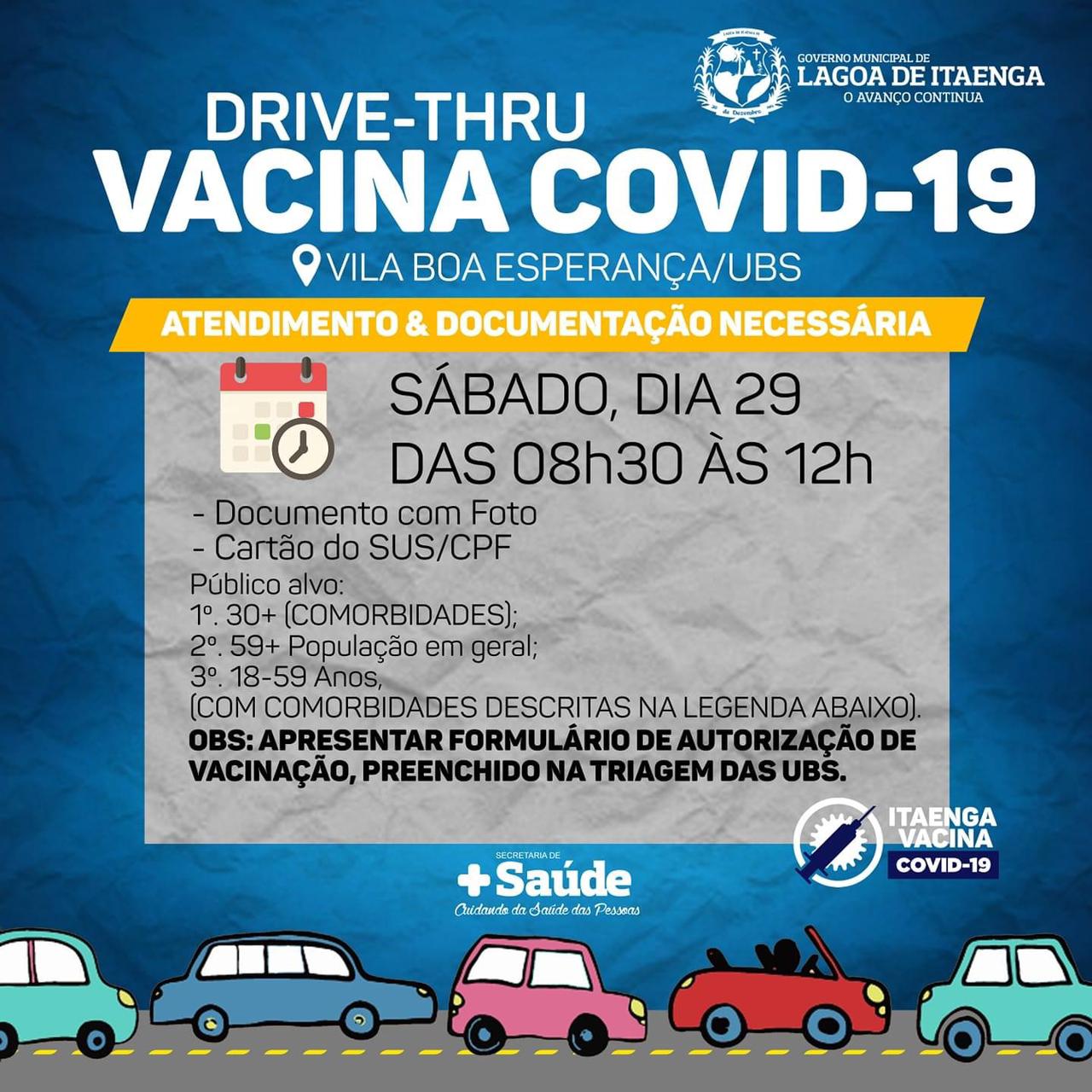 Prefeitura de Lagoa de Itaenga realizará o drive-thru da vacinação contra a Covid-19 neste sábado (29)
