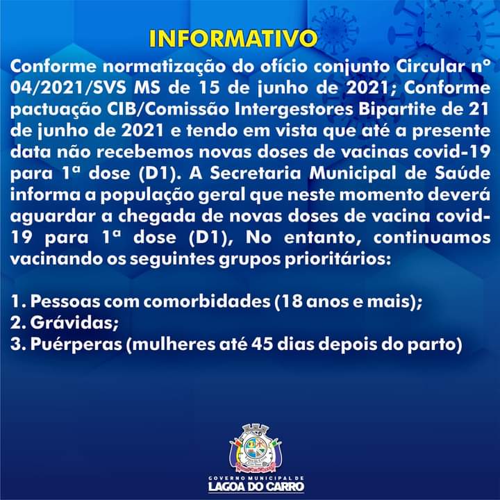 Lagoa do Carro suspende parte da vacinação contra a Covid-19 por falta de doses