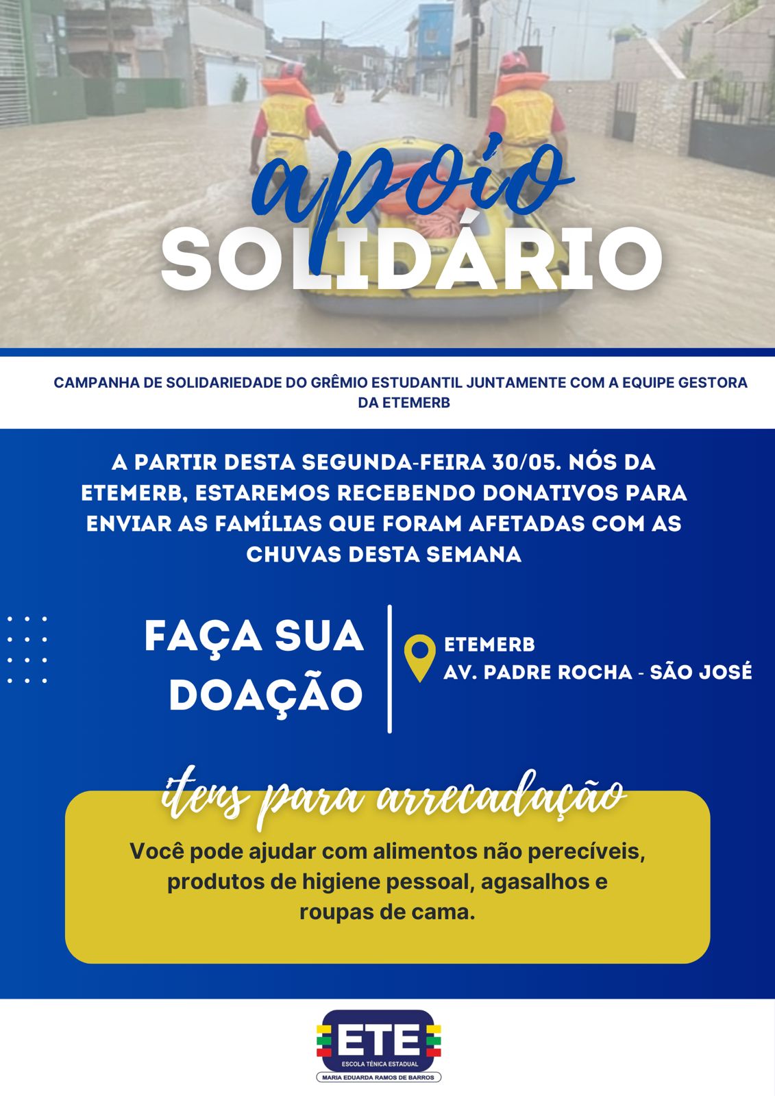 Carpina: Alunos da ETEMERB iniciam campanha para arrecadação de materiais que possa ajudar famílias atingidas pela chuva